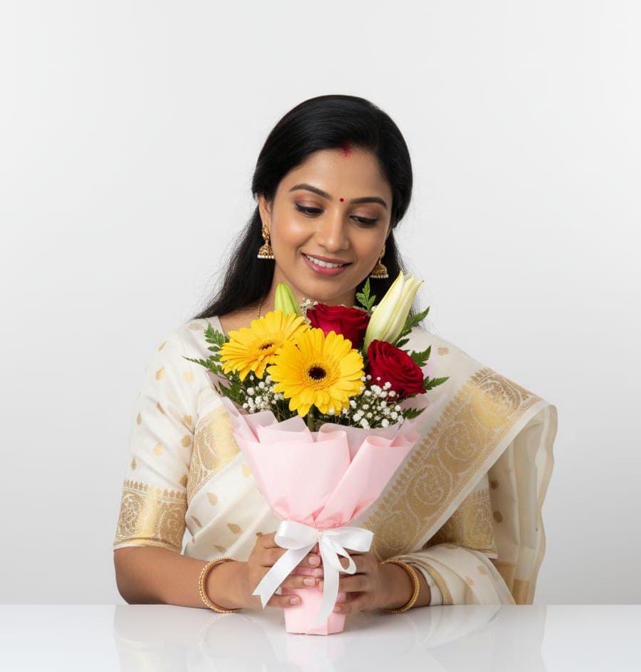2 yellow Gerbera 3 red roses white lilies flower bouquet